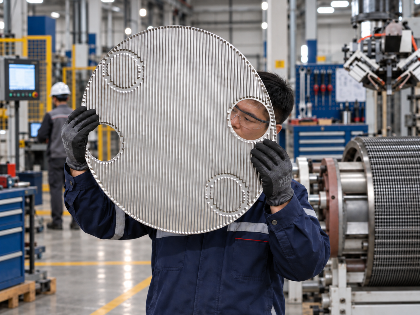 JINCHEN technician inspecting a circular heat-transfer plate