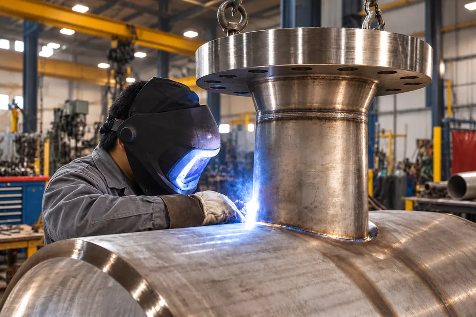Shell fabrication Welder joining a nozzle to a pressure shell