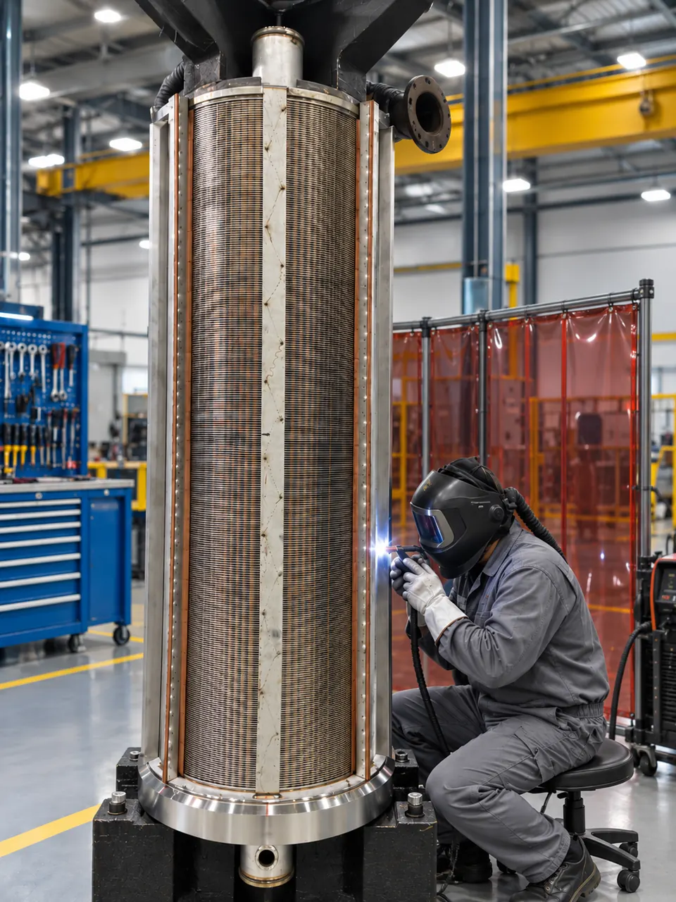 Equipment assembly Technician working on the plate-pack assembly